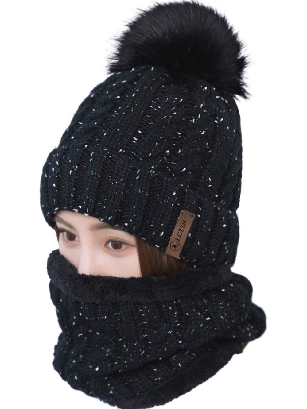 Womens Pom Beanie Hat Scarf Set Girls Cute Winter Ski Hat Slouchy Knit Skull Cap